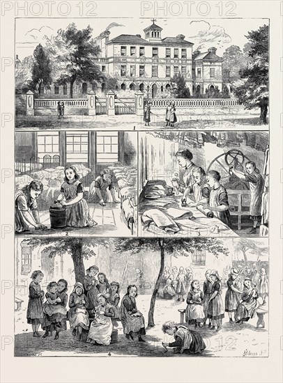 A VISIT TO THE NATIONAL ORPHAN HOME, HAM COMMON, SURREY: 1. View of the Home from the Common. 2. Scrubbing the Dormitories. 3. In the Laundry. 4. In the Playground.