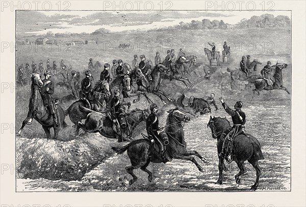 CAMP LIFE AT THE CURRAGH: CAVALRY LEAPING DRILL AT THE CAMP, AUGUST 1, 1874