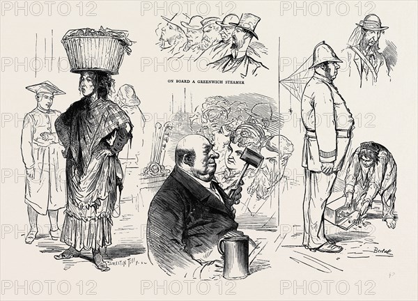 PICTURES OF LONDON BY A FRENCH ARTIST: CHAIRMAN OF A MUSICAL MEETING -TEN PINTS AN HOUR, THE BRITISH POLICEMAN - CALM AND STEADY AT HIS POST, A STREET FRUIT SELLER, ON BOARD A GREENWICH STEAMER, A BONA FIDE TRAVELLER