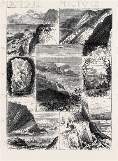 A VISIT TO ILFRACOMBE, 1. View from the Hotel Garden. 2. The Torrs. 3. Briery Cave, Watermouth. 4. Ilfracombe, from Hillsborough. 5. The Harbour, from Key Fields. 6. The Bathing Cove. 7. Capstone Parade