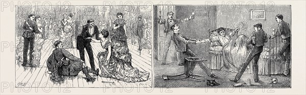 PASSAGES IN THE LIFE OF A SUBALTERN: LEFT IMAGE: OF COURSE I TUMBLE THE FIRST BALL I GO TO IN UNIFORM, AND DON'T KNOW HOW TO GET UP GRACEFULLY, RIGHT IMAGE: IT IS A MISTAKE TO RETIRE EARLY ON A "BIG NIGHT"