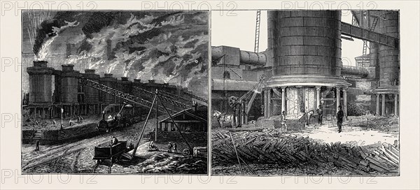 BARROW-IN-FURNESS: ITS HISTORY AND ITS INDUSTRIES, MEETING OF THE IRON AND STEEL INSTITUTE: LEFT IMAGE: THE STEEL WORKS, BLAST FURNACES BY NIGHT, RIGHT IMAGE: THE BARROW IRON WORKS, FURNACE MOUTH, SEPTEMBER 12, 1874, UK