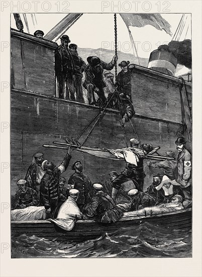 THE CARLIST WAR IN SPAIN, EMBARKATION OF DISABLED CARLISTS ON BOARD THE "SOMORROSTRO," CHARTERED BY THE ENGLISH SOCIETY FOR AIDING THE SPANISH SICK AND WOUNDED