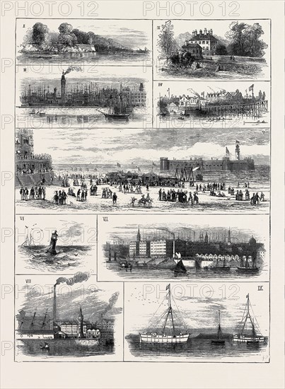 H.R.H. THE DUKE OF EDINBURGH AT LIVERPOOL, JOTTINGS ON THE MERSEY 1. Banks near Eastham. 2. Eastham. 3. Birkenhead Warehouses and Water Tower (Hydraulic). 4. New Ferry. 5. New Brighton Sands, &c. 6. Bell Buoy, Mouth of the Mersey. 7. Albert Docks. 8. The Vauxhall Chimney (Chemical Works). 9. Powder Magazines, Tenders, and Beeston Hills