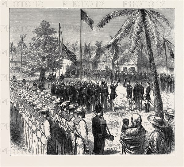 THE RECENT OUTRAGE ON THE BRITISH CONSUL AT GUATEMALA: THE GUATEMALAN TROOPS SALUTING THE BRITISH FLAG IN THE PLAZA, SAN JOSÃƒâ€°, 4TH SEPTEMBER, 1874