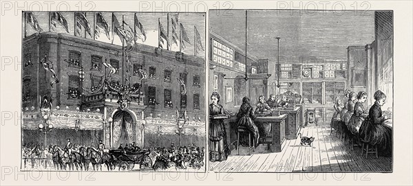 MANUFACTURE OF STEEL PENS, SKETCHED AT THE WORKS OF MR. JOSEPH GILLOTT, VISITED BY H.R.H. THE PRINCE OF WALES: LEFT IMAGE: RECEPTION OF THE PRINCE OF WALES, RIGHT IMAGE: THE WAREHOUSE