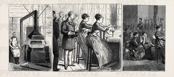 MANUFACTURE OF STEEL PENS, SKETCHED AT THE WORKS OF MR. JOSEPH GILLOTT, VISITED BY H.R.H. THE PRINCE OF WALES: LEFT IMAGE: BRONZING, CENTRE IMAGE: GRINDING, RIGHT IMAGE: WORK GIRLS AT TEA