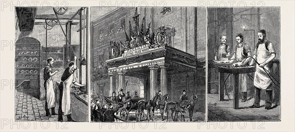 ELECTRO AND SILVER PLATING, SKETCHED AT THE WORKS OF MESSRS. ELKINGTON AND CO., VISITED BY H.R.H. THE PRINCE OF WALES: LEFT IMAGE: SMALL STAMP, CENTRE IMAGE: ENTRANCE TO THE WORKS, RIGHT IMAGE: SOLDERING