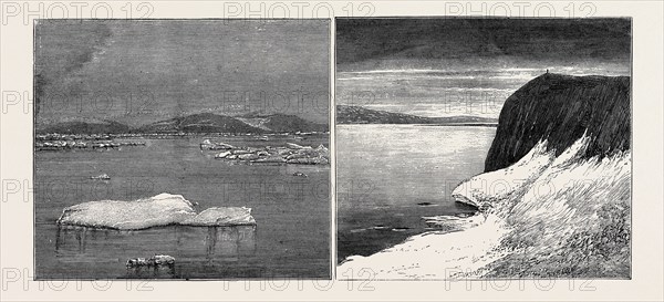 THE AUSTRIAN POLAR EXPEDITION: LEFT IMAGE: NOVA ZEMBLA, FLOATING ICE, RIGHT IMAGE: MIDNIGHT IN NOVA ZEMBLA