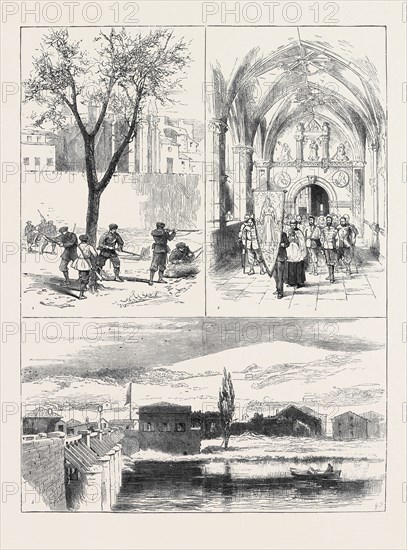 THE CIVIL WAR IN SPAIN; 1. Republican "Guardia Foral" cutting down Timber before Pampeluna under Fire from the Carlists. 2. Wounded of the Ambulance of La Caridad passing through the Cloisters of the Monastery of Yrache. 3. View of BÃƒÂ©hobie from the French Side of the River