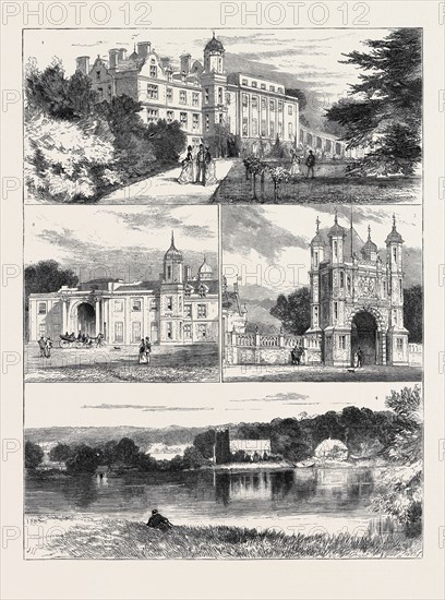 EASTWELL PARK, COUNTRY SEAT OF THE DUKE AND DUCHESS OF EDINBURGH; 1. The House and Grounds, S.W. View. 2. The Park Front. 3. Eastwell Tower, Entrance to the Park. 4. The Church, Lake, and View of the Park