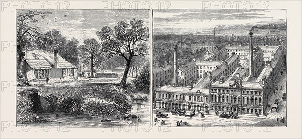 BUILDINGS AND INDUSTRIES OF SHEFFIELD: LEFT IMAGE: OLD STYLE, GRINDING WHEEL IN ENDCLIFFE WOOD, RIGHT IMAGE: NEW STYLE, THE WORKS OF MESSRS. RODGERS AND SONS