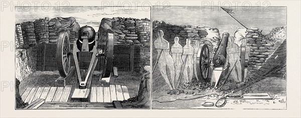 "SIEGE GUNS AND EARTHWORKS", ARTILLERY EXPERIMENTS AT EASTBOURNE: LEFT IMAGE: A 64 POUNDER GUN IN POSITION TO FIRE AT THE BATTERY OF DEFENCE, RIGHT IMAGE: EFFECT OF THE 160 POUNDER SHELL FROM THE HOWITZER ON A GUN AND DUMMY ATTACHMENT OF THE DEFENCE BATTERY