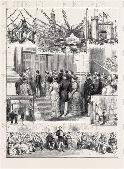 THE PRINCE AND PRINCESS OF WALES AT BRADFORD: 1. The Triumphal Arch in Market Street; 2. The Town Hall; 3. The Norman Arch, Great Horton Road; 4. The Prince of Wales Opening the Door of the New Technical Schools; 5. Staircase in the Technical Schools; 6. The Princess of Wales's Retiring Room in the Technical Schools; 7. Reading the Address in the Lecture Hall