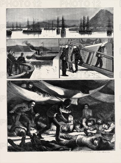 THE CRISIS IN EGYPT, THE VOYAGE OF H.M.S. TROOPSHIP "ORONTES": 1. The British Reserve Squadron at Gibraltar; 2. At Plymouth: Marines Coming Off to the Vessel; 3. At Portsmouth: Getting on Board; 4. At Sea: Officers Going Round the Troop-Deck at Night