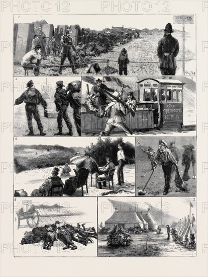 IN CAMP AT WIMBLEDON: 1. A Blow Out for Threepence; 2. Ammunition; 3. The Running Man (No. 1): Friend A, "Keep it up, Brown;" Friend B, "Give in Your Rifle, Old Man;" Friend C, "Plenty of Room, Brown"; 4. The Running Man (No. 2); 5. The Chiffonier Brigade; 6. Laying their Heads Together After the Latest from Alexandria; 7. The Canadian Camp