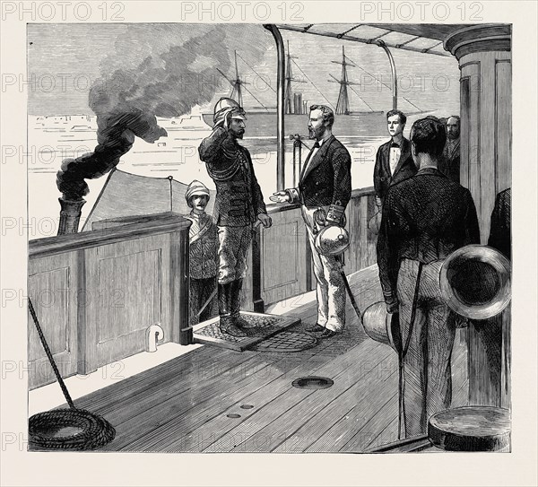 THE WAR IN EGYPT: ARRIVAL OF THE SCOTS GUARDS AT ALEXANDRIA, MAJOR-GENERAL R.H. THE DUKE OF CONNAUGHT REPORTING HIMSELF TO ADMIRAL SIR BEAUCHAMP SEYMOUR ON BOARD THE "HELICON"
