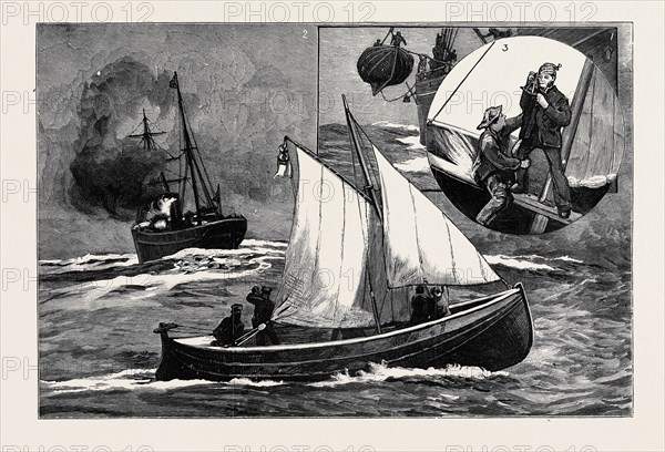 SEVEN HUNDRED MILES IN THE "BERTHON" COLLAPSIBLE LIFEBOAT: 1. Lowering the Boat from the Royal Mail Steamship "Essequibo" in the Bay of Biscay, Four Hundred Miles from the Lizard; 2. Parting Company, August 14: "Good Bye!"; 3. Captain Harvey, R.N., Taking a Solar Observation Under Difficulties, August 16