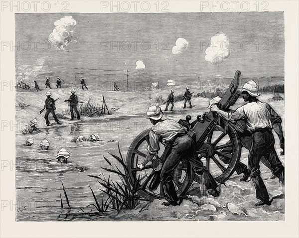 THE WAR IN EGYPT: THE FIGHT AT KASSASSIN, SEPTEMBER 9, LIEUTENANT STANHOPE AND TWO MEN OF THE KING'S RIFLES DROWNING ONE OF THE ENEMY'S GUNS