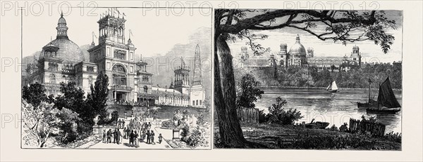THE SYDNEY EXHIBITION BUILDING, DESTROYED BY FIRE, SEPTEMBER 22: THE EXHIBITION BUILDING AND THE GARDEN (LEFT); GENERAL VIEW OF THE EXHIBITION BUILDING AND GROUNDS (RIGHT)