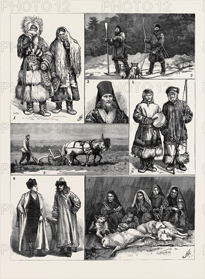 SOME NATIONAL TYPES IN WESTERN SIBERIA: 1. Yurak Samoyede Man and Woman; 2. Russian Peasant Exiles on the Obi; 3. The Archbishop of Krasnoiarsk on the Yenesei; 4. Yurak Shaman or Priest, and Huntsman,; 5. Siberian Ploughing; 6. Siberian Merchant and Tartar Gentleman Exile; 7. Samoyede Women and Dogs.