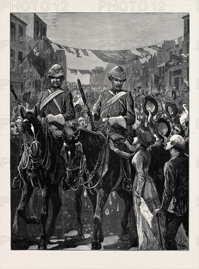 THE RETURN OF THE TROOPS FROM EGYPT: THE ROYAL HORSE GUARDS (BLUE) ON THEIR WAY TO THE ALBANY STREET BARRACKS