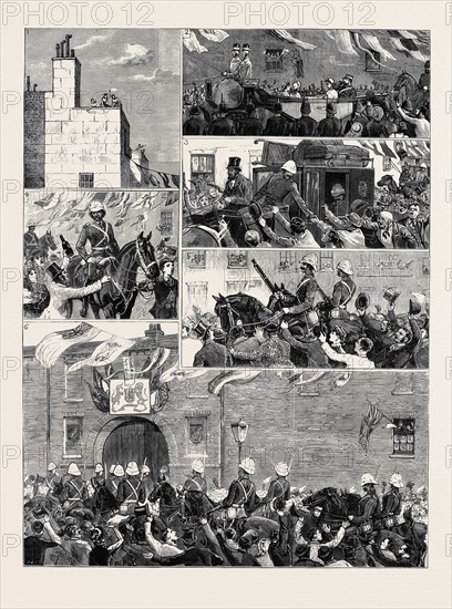 THE RETURN OF THE TROOPS FROM EGYPT, SCENES IN THE STREETS DURING THE MARCH OF THE ROYAL HORSE GUARDS (BLUE) FROM THE DOCKS TO THE ALBANY STREET BARRACKS: 1. Mary on the House Tops; 2. The North Middlesex Rifles Receiving the Prince of Wales at the Barracks; 3. "Avant Couriers" with the Officers' Luggage; 4. "Beer"; 5. The Advanced Guard; 6. Entering the Barrack Gates