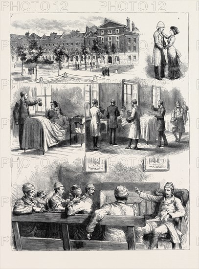 THE RETURN OF THE TROOPS FROM EGYPT, THE WOUNDED IN HASLAR HOSPITAL: 1. The Quadrangle; 2. Recovered; 3. The Boy who Brought Home the Cannon Ball; 4. Distributing Grapes and Tobacco; 5. Old Fights and New Battles