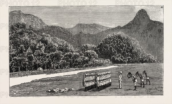 THE EXPEDITION AGAINST THE AKHA MARAUDERS ON THE FRONTIER OF ASSAM: AKHA CHIEF FOLLOWERS, AND ESCORT OF THE FORTY-SECOND ASSAM LIGHT INFANTRY SALUTING AFTER THE ERECTION OF A DISPUTED BOUNDARY PILLAR