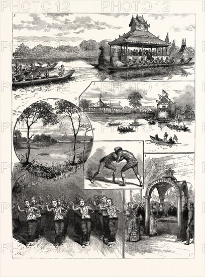 OPENING OF THE KOKAING WATER WORKS, RANGOON: 1. The Canopied Raft in which the Chief Commissioner and his Party were Towed Across the Reservoir by Burmese Boats. 2. A View from the Island in the Kokaing Lake. 3. View of the Opening Ceremony from a Coat on the Reservoir. 4. Burmese Wrestlers. 5. The "Yain Pweh," or AEsthetic Dance, Executed by Sixteen Burmese Girls. 6. The Chief Commissioner Opening the Main Valve of the Kokaing Lakes.