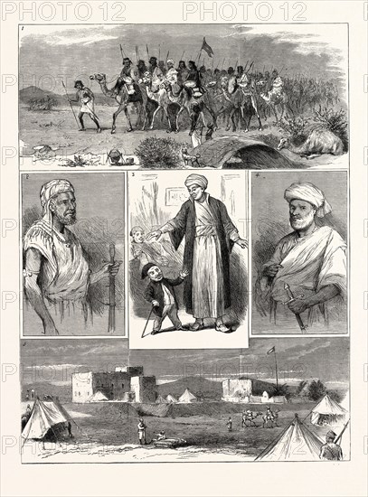 THE REBELLION IN THE SOUDAN (SUDAN): 1. Sheik Halifa with Eighty of His Followers Coming from the Mountains to Submit to the Sheik El-Morgani. 2. Sheik Halifa. 3. "The Giant of Dongola and the Dwarf of Stamboul." 4. Sheik Moussa. 5. Headquarters of General Sartorius Outside Suakim