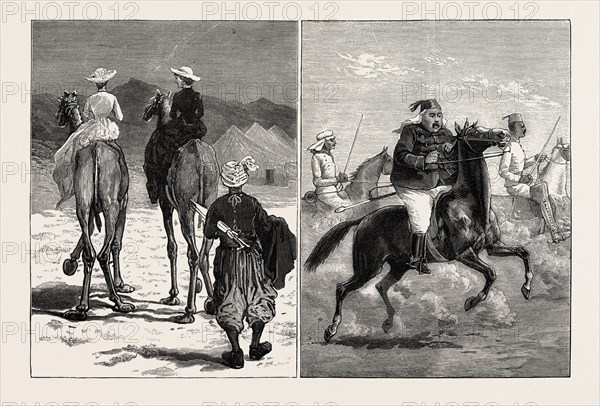 THE REBELLION IN THE SOUDAN (SUDAN): "OUR LADIES" (LEFT), BOOTS, BREECHES, AND SEAT AS SEEN IN THE HEADQUARTER STAFF, SUAKIM (RIGHT)
