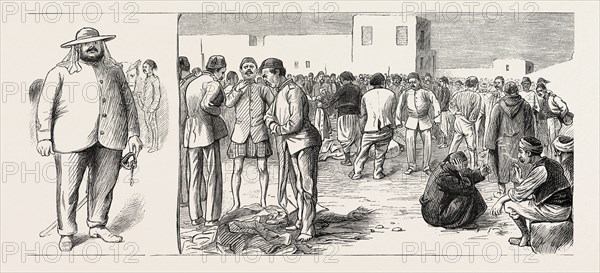 THE REBELLION IN THE SOUDAN (SUDAN): A SUAKIM SCOUT (LEFT), DISTRIBUTION OF UNIFORMS TO TURKISH BASHI BAZOUKS IN FRONT OF THE COMMISSARIAT STORES AT SUAKIM (RIGHT)