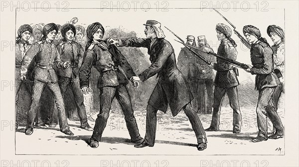 GORDON IN CHINA, MAY, 1863, MUTINY OF NON-COMMISSIONED OFFICERS: "Gordon approached the mutinous corporal, dragged him out of the rank with his own hand, and ordered two of the infantry standing by to shoot him on the spot. The order was instantly obeyed."