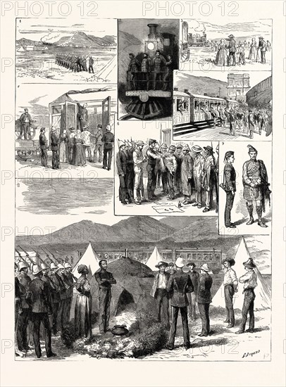 THE DE AAR EXPEDITION, SOUTH AFRICA: 1. The De Aar Railway Extension. 2. Coming Down Hex River Mountain on the Engine on a Moonlight Night. 3. A Boer Family's First Sight of "Puffing Billy." 4. Leaving De Aar, Removing Ring-Leaders to a Cattle Truck. 5. Volunteers Off to the Front. 6. Searching Prisoners at Beaufort West Gaol. 7. The Musical Part of the Expedition. 8. Arresting Zulus on the Line.