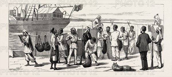 THE REBELLION IN THE SOUDAN (SUDAN), WITH BAKER PASHA'S EXPEDITION TO RELIEVE TOKAR: THE CONDENSING SHIP "DIB EL BAHR" CONDENSING WATER FOR THE TROOPS AT TRINKITAT