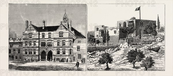 THE LOWDER MEMORIAL CLERGY HOUSE, ST. PETER'S, LONDON DOCKS, OPENED BY EARL NELSON (LEFT IMAGE), BRITISH OPHTHALMIC HOSPITAL AND HOSPICE OF THE ORDER OF ST. JOHN AT JERUSALEM (RIGHT IMAGE)