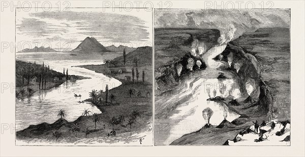 EXPLORATION IN THE KING COUNTRY, NORTH ISLAND, NEW ZEALAND: SOURCE OF THE UPPER WAIKATO RIVER AT LAKE TAUPO (LEFT IMAGE); UPPER WAIKATO RIVER, NEAR LAKE TAUPO, SHOWING TERRACE FORMATION OF PUMICE ROCK AND BOILING SPRINGS (RIGHT IMAGE)