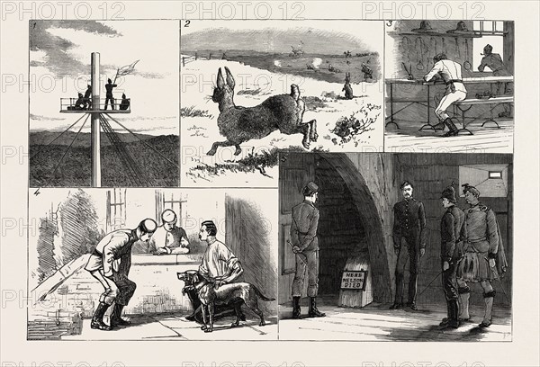 THE EASTER VOLUNTEER MANOEUVRES AT PORTSMOUTH, UK: 1. Signalling to the Front the Advance of No. 2 Marching Column on Saturday. 2. Alarm of the Natives. 3. A Letter Home from Eastney Barracks. 4. "Nell," the Pet Dog of the Royal Marine Artillery at Eastney Barracks. She Wears the Egyptian Medal. 5. The Cockpit of the "Victory," Portsmouth Harbour.