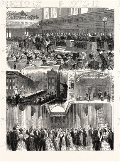 THE COMMEMORATION AT EDINBURGH OF THE TERCENTENARY OF THE FOUNDATION OF THE UNIVERSITY: 1. In the United Presbyterian Hall: Conferring the Honorary Degrees in Divinity and Law. 2. Students' Torchlight Procession in Waterloo Place. 3. Dramatic Entertainment by the Students in the Theatre Royal: Scene from the "King o' Scots." 4. Conversazione in the Hall of the University Library.