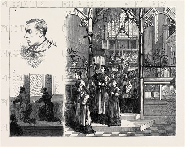 THE RITUALISTIC SERVICES AT HATCHAM: 1. Portrait of Rev. A. Tooth; 2. Besieged in the Vestry; 3. The Procession from the Altar