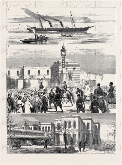 THE EASTERN QUESTION, THE FALL OF MIDHAT PASHA: 1. Midhat Pasha leaving Constantinople; 2. Arrival of Edhem Pasha, the New Grand Vizier, at the Sublime Porte; 3. House, Harem, and Grounds of Midhat Pasha at Constantinople, the same Building in which Hussein Avni and Raschid Pashas were Assassinated, June, 1876