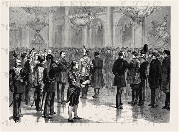 THE CZAR OF RUSSIA MARKING RECRUITS WITH THE NUMBER OF THEIR REGIMENTS, IN THE WINTER PALACE, ST. PETERSBURG