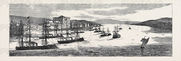 THE WAR IN THE EAST, WITH THE TURKS: SKETCHES AT CONSTANTINOPLE: REVIEW OF TRANSPORTS AND IRONCLADS BEFORE THE PALACE OF DOLMA-BAGTCHÃƒâ€° ON THE OCCASION OF THE EXPEDITIONARY FORCE LEAVING FOR SOUKHOUM KALÃƒâ€°