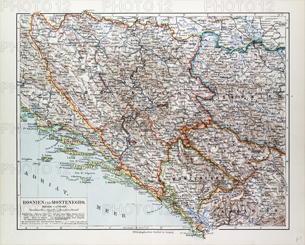 MAP OF BOSNIA AND HERZEGOVINA, MONTENEGRO, SERBIA, 1899