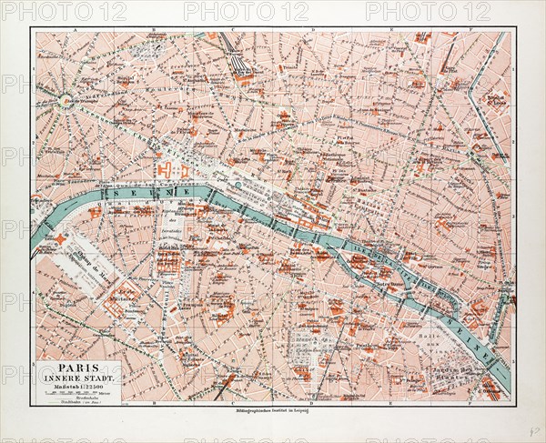 MAP OF THE CENTRE OF PARIS, FRANCE, 1899