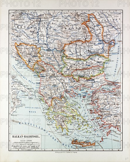 MAP OF AUSTRIA-HUNGARY, GREECE, SERBIA, BOSNIA AND HERZEGOVINA, ROMANIA, BULGARIA, MACEDONIA, MONTENEGRO AND CRETE, ALBANIA, BULGARIA, 1899