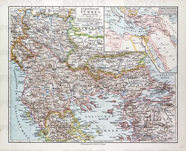 MAP OF MONTENEGRO, SERBIA, MACEDONIA, NORTHERN GREECE, BULGARIA, ALBANIA, WESTERN TURKEY, 1899