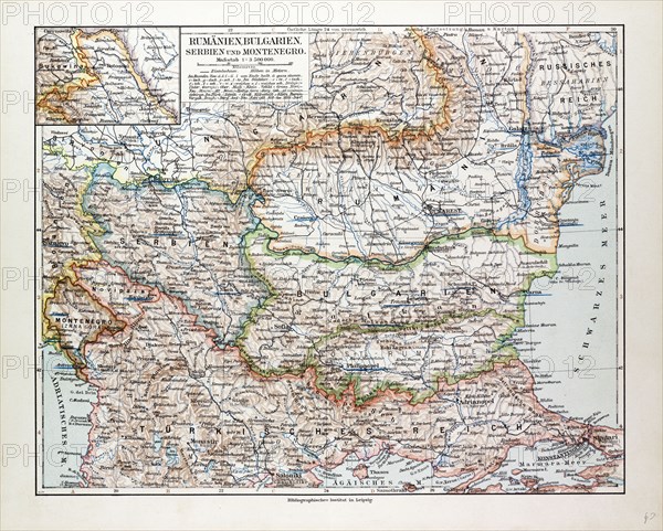 MAP OF ROMANIA, SERBIA, BULGARIA, MONTENEGRO, 1899