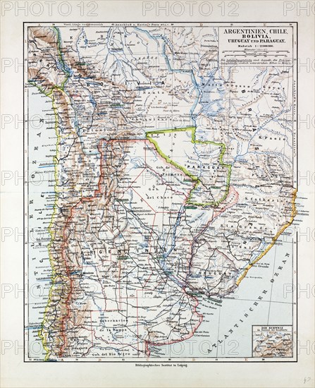 MAP OF ARGENTINIA, CHILE, BOLIVIA, URUGUAY AND PARAGUAY, 1899